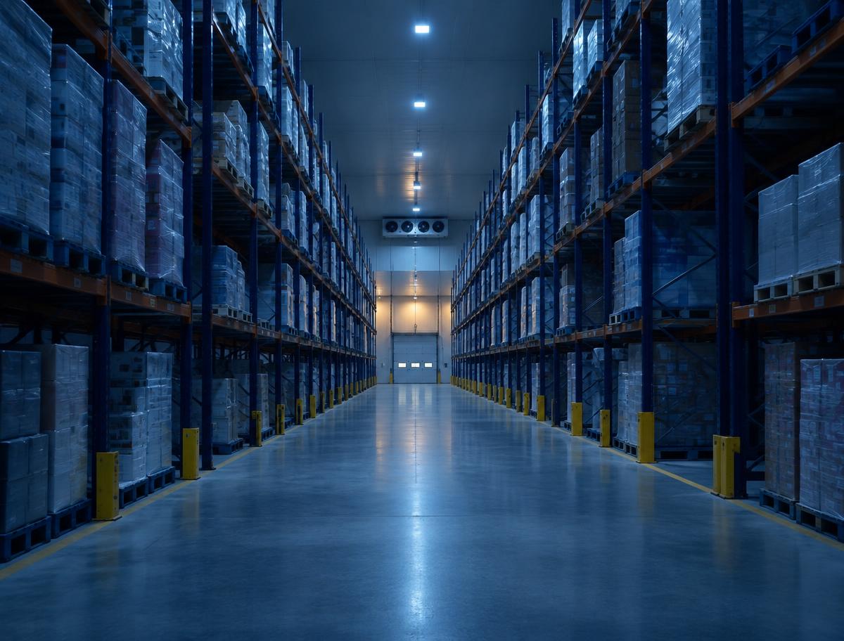 Cold storage warehouse aisle with tall racking