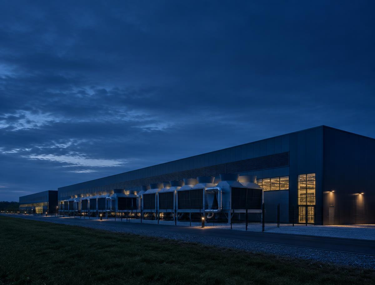 Data center exterior with cooling equipment at dusk