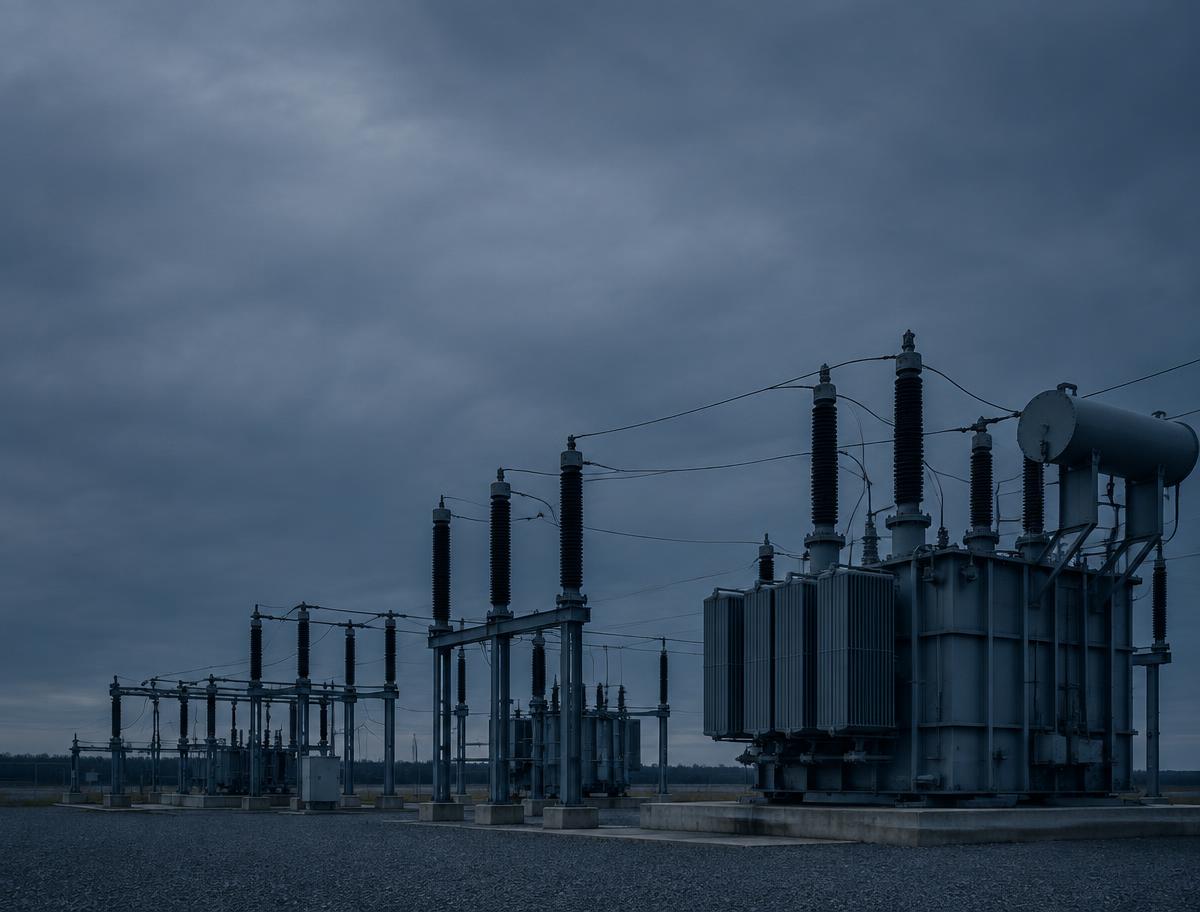 Electrical substation with transformers under an overcast sky